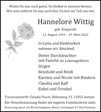 Traueranzeige von Hannelore Wittig von Deister- und Weserzeitung