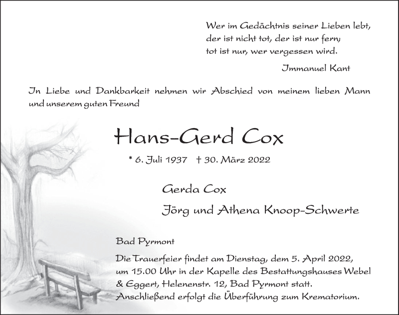  Traueranzeige für Hans-Gerd Cox vom 09.04.2022 aus Deister- und Weserzeitung