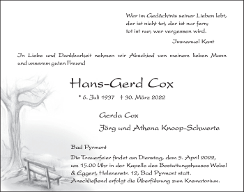 Traueranzeige von Hans-Gerd Cox von Deister- und Weserzeitung