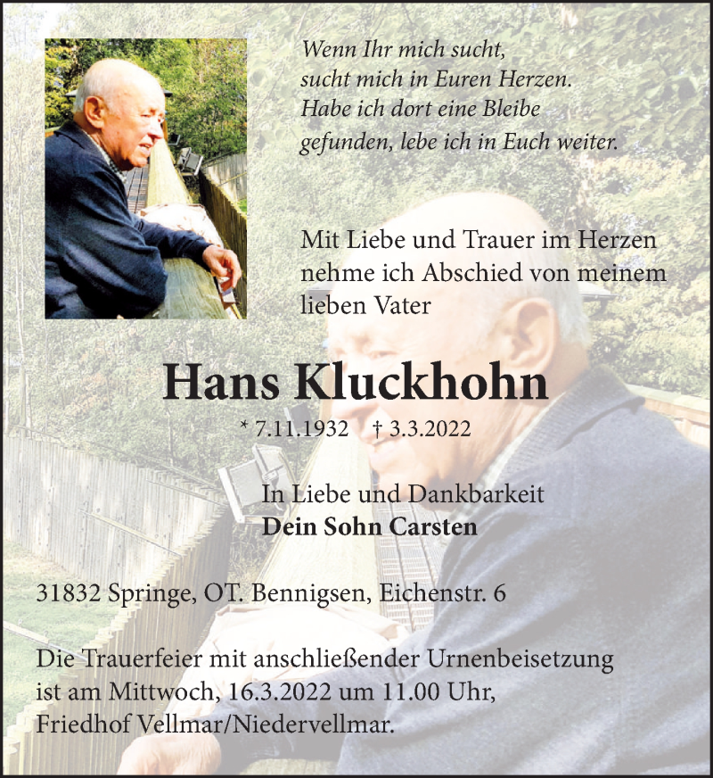  Traueranzeige für Hans Kluckhohn vom 12.03.2022 aus Neue Deister-Zeitung