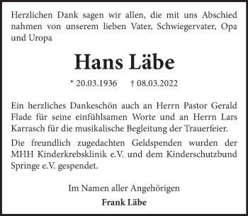 Traueranzeige von Hans Läbe von Neue Deister-Zeitung