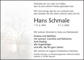 Traueranzeige von Hans Schmale von Deister- und Weserzeitung