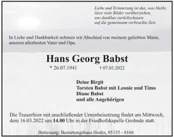 Traueranzeige von Hans Georg Babst von Deister- und Weserzeitung