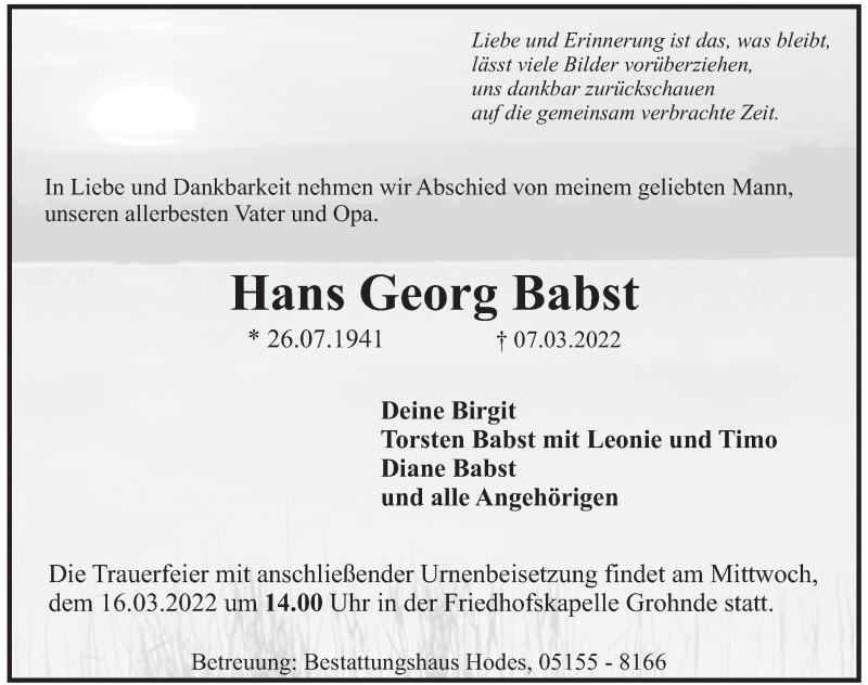  Traueranzeige für Hans Georg Babst vom 12.03.2022 aus Deister- und Weserzeitung