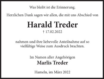 Traueranzeige von Harald Treder von Deister- und Weserzeitung