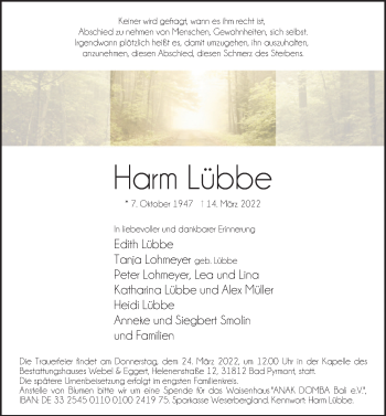 Traueranzeige von Harm Lübbe von Deister- und Weserzeitung