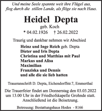 Traueranzeige von Heidel Depta von Deister- und Weserzeitung
