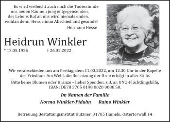 Traueranzeige von Heidrun Winkler von Deister- und Weserzeitung