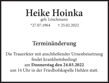 Traueranzeige von Heike Hoinka von Deister- und Weserzeitung