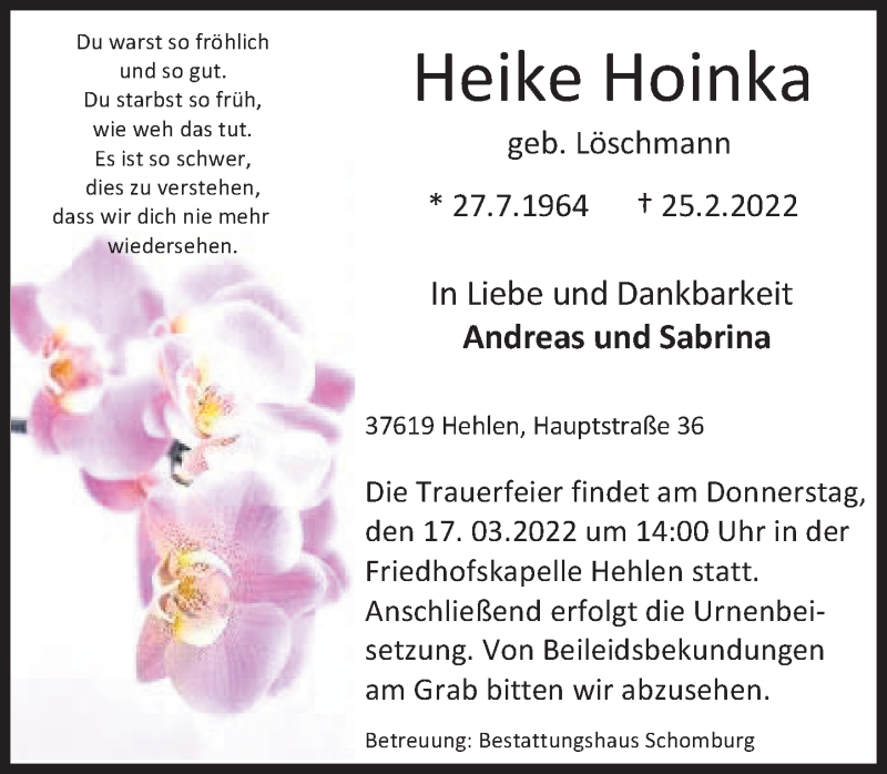 Traueranzeige für Heike Hoinka vom 11.03.2022 aus Deister- und Weserzeitung