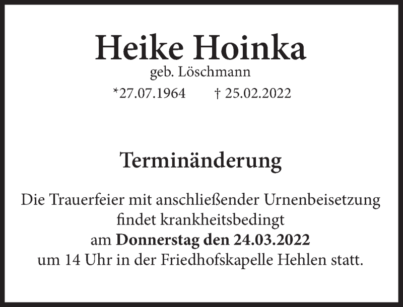  Traueranzeige für Heike Hoinka vom 16.03.2022 aus Deister- und Weserzeitung
