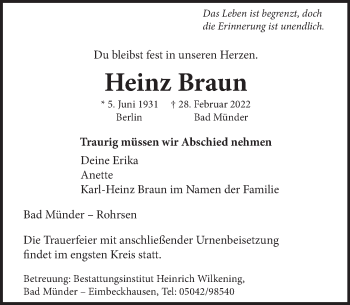 Traueranzeige von Heinz Braun von Neue Deister-Zeitung