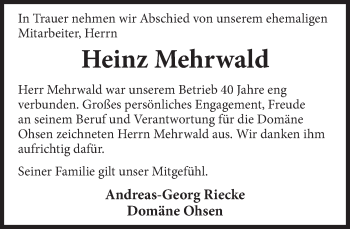 Traueranzeige von Heinz Mehrwald von Deister- und Weserzeitung