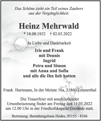 Traueranzeige von Heinz Mehrwald von Deister- und Weserzeitung
