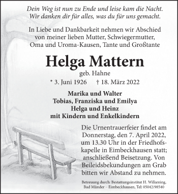 Traueranzeige von Helga Mattern von Neue Deister-Zeitung