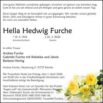 Traueranzeige von Hella Hedwig Furche von Deister- und Weserzeitung