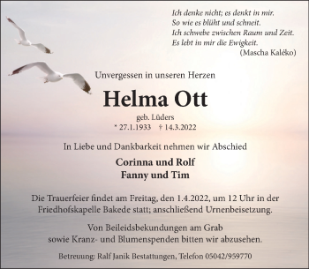 Traueranzeige von Helma Ott von Neue Deister-Zeitung