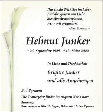 Traueranzeige von Helmut Junker von Deister- und Weserzeitung