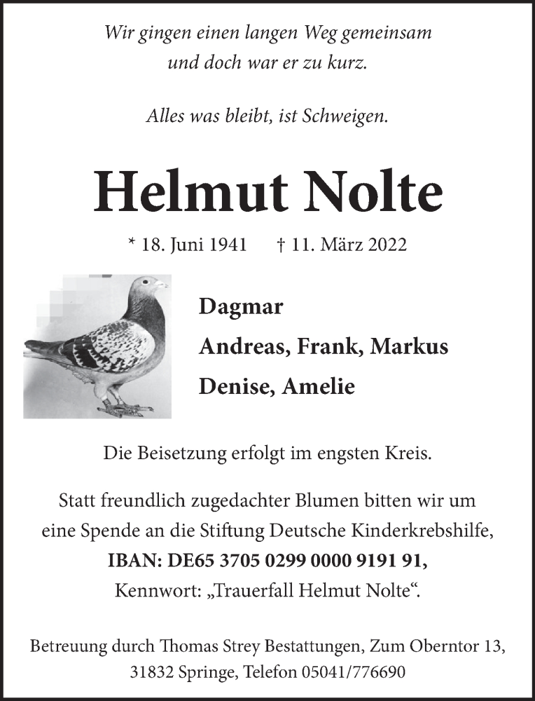  Traueranzeige für Helmut Nolte vom 19.03.2022 aus Neue Deister-Zeitung