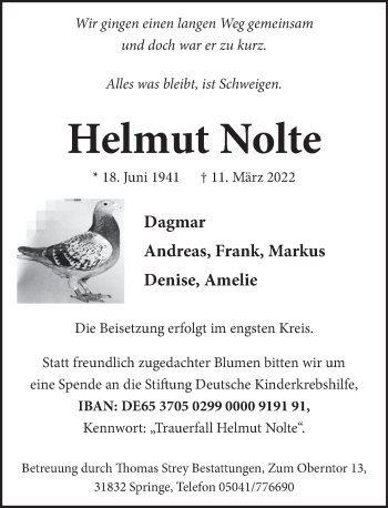Traueranzeige von Helmut Nolte von Neue Deister-Zeitung