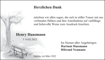 Traueranzeige von Henry Hansmann von Deister- und Weserzeitung