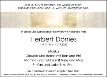 Traueranzeige von Herbert Dörries von Deister- und Weserzeitung