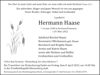 Traueranzeige von Hermann Haase von Deister- und Weserzeitung