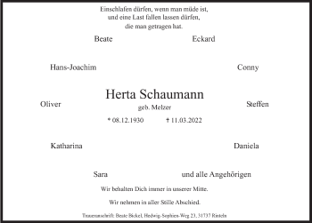 Traueranzeige von Herta Schaumann von Deister- und Weserzeitung