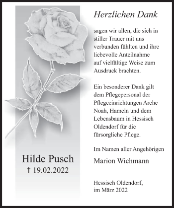 Traueranzeige von Hilde Pusch von Deister- und Weserzeitung