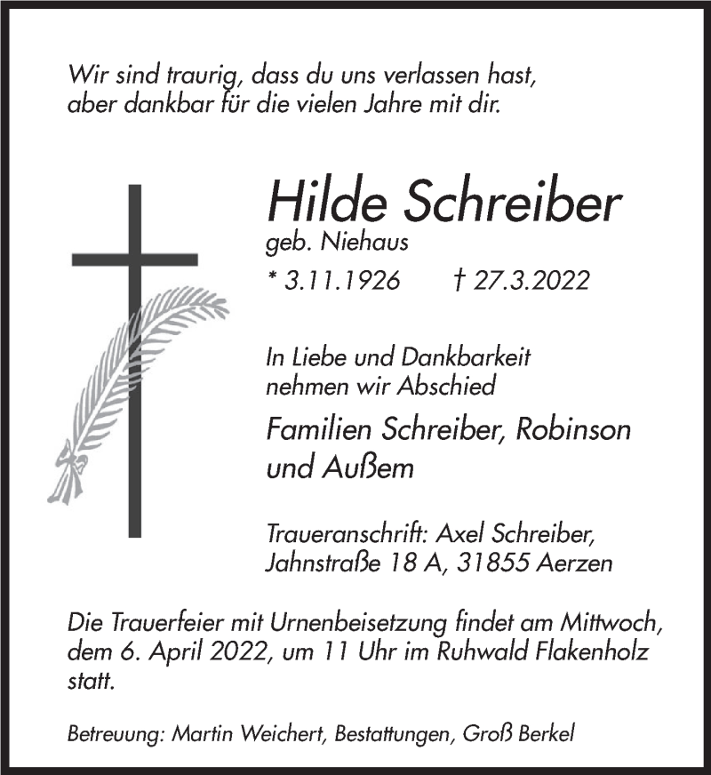  Traueranzeige für Hilde Schreiber vom 01.04.2022 aus Deister- und Weserzeitung