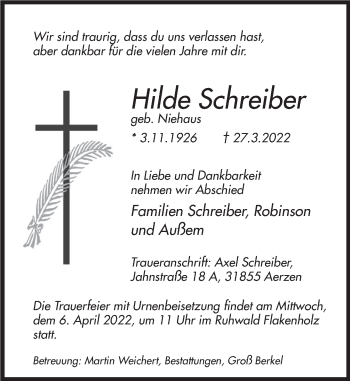 Traueranzeige von Hilde Schreiber von Deister- und Weserzeitung