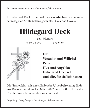 Traueranzeige von Hildegard Deck von Deister- und Weserzeitung