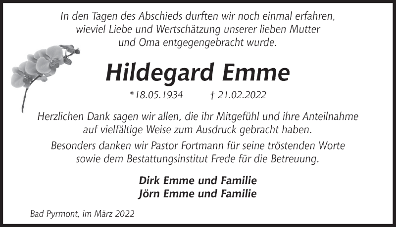  Traueranzeige für Hildegard Emme vom 18.03.2022 aus Deister- und Weserzeitung