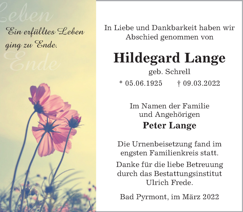  Traueranzeige für Hildegard Lange vom 23.03.2022 aus Deister- und Weserzeitung