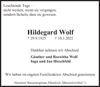 Traueranzeige von Hildegard Wolf von Deister- und Weserzeitung