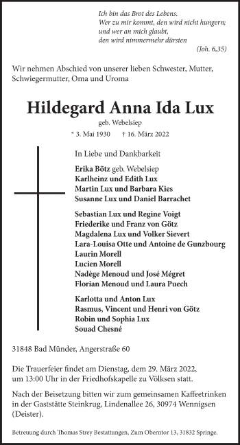 Traueranzeige von Hildegard Anna Ida Lux von Neue Deister-Zeitung