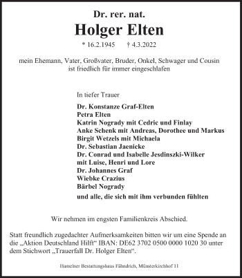 Traueranzeige von Holger Elten von Deister- und Weserzeitung