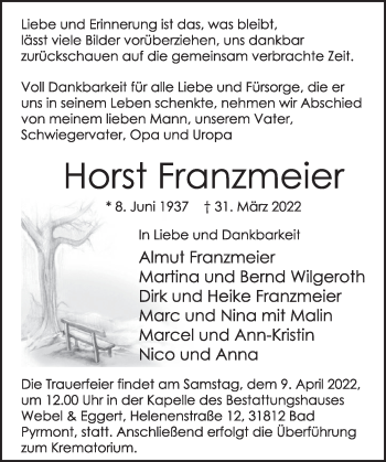Traueranzeige von Horst Franzmeier von Deister- und Weserzeitung