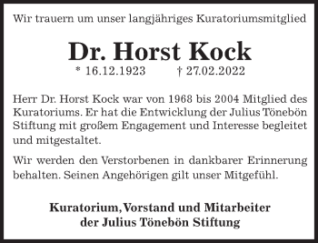 Traueranzeige von Horst Kock von Deister- und Weserzeitung