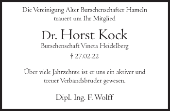 Traueranzeige von Horst Kock von Deister- und Weserzeitung
