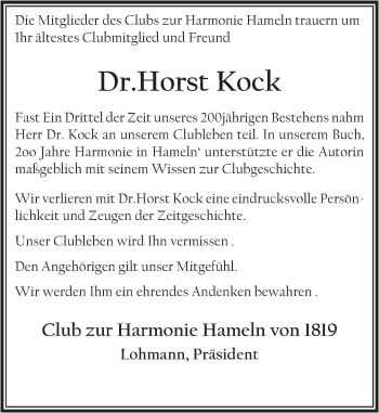 Traueranzeige von Horst Kock von Deister- und Weserzeitung