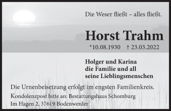 Traueranzeige von Horst Trahm von Deister- und Weserzeitung