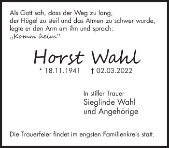 Traueranzeige von Horst Wahl von Deister- und Weserzeitung