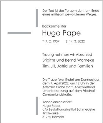 Traueranzeige von Hugo Pape von Deister- und Weserzeitung