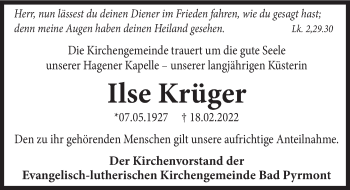 Traueranzeige von Ilse Krüger von Deister- und Weserzeitung