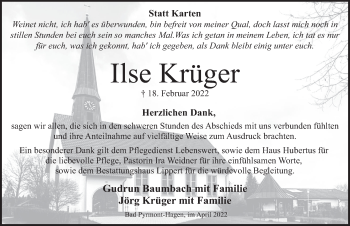 Traueranzeige von Ilse Krüger von Deister- und Weserzeitung