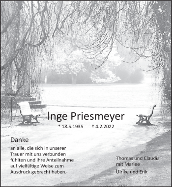 Traueranzeige von Inge Priesmeyer von Deister- und Weserzeitung