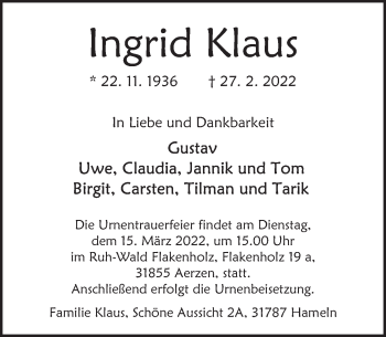 Traueranzeige von Ingrid Klaus von Deister- und Weserzeitung
