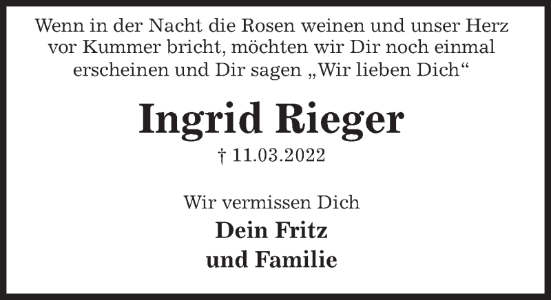  Traueranzeige für Ingrid Rieger vom 21.03.2022 aus Deister- und Weserzeitung