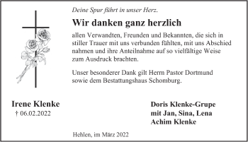 Traueranzeige von Irene Klenke von Deister- und Weserzeitung